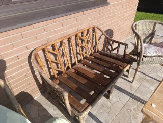 Conjunto exterior mimbre y madera
