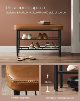 Colección EKHO - Banco Zapatero, Banco de Entrada y Dormitorio, Tapizado en PU con Costuras, Moderno de Mediados de Siglo, Capacidad 135 Kg, 30 X 80 X 50 Cm, Marrón Caramelo LSB054K01