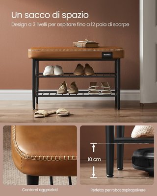 Colección EKHO - Banco Zapatero, Banco de Entrada y Dormitorio, Tapizado en PU con Costuras, Moderno de Mediados de Siglo, Capacidad 135 Kg, 30 X 80 X 50 Cm, Marrón Caramelo LSB054K01
