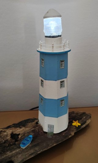 Faro decorativo legno mare bianco azzurro