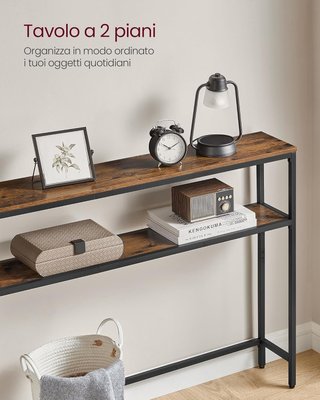 Tavolo Consolle, Tavolo Stretto a 2 Ripiani per Stoccaggio, 20 X 100 X 80 Cm, per Soggiorno, Corridoio, Ingresso, Marrone Vintage e Nero Tinta