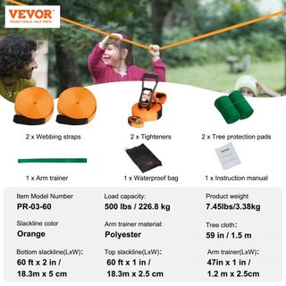 Kit de Slackline con Línea de Entrenamiento, Equipo de Slackline para Jardín de 18.29 m, Cuerda Tensa de Fácil Instalación para Niños y Adultos, Conjunto Completo de Slackline con Protectores de Á...