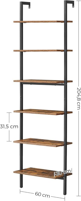 Estantería de Escalera, Contra Pared de 6 Estantes, para Sala de Estar, Oficina, Cocina, Dormitorio, 60 X 30 X 204,8 Cm, Industrial, Marrón Vintage y Negro LLS103B01
