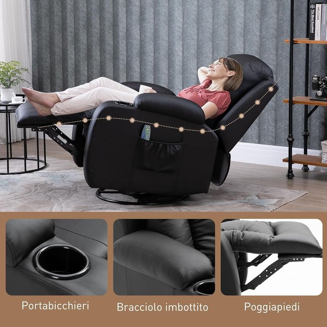 Sillón Masajeador Reclinable Manual, Sillón Relax Eléctrico Calentador Giratorio Con Balanceo, Portavasos, Control Remoto, Reposapiés, Bolsillos Laterales, en Piel PU, Negro