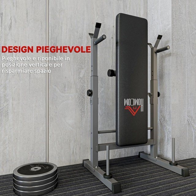 Banco de Gimnasio Plegable con Soporte para Barra Regulable en 8 Posiciones, Banco de Pesas de Acero y PU para Gimnasio en Casa, Capacidad 220 Kg, 140X73X98-122 Cm