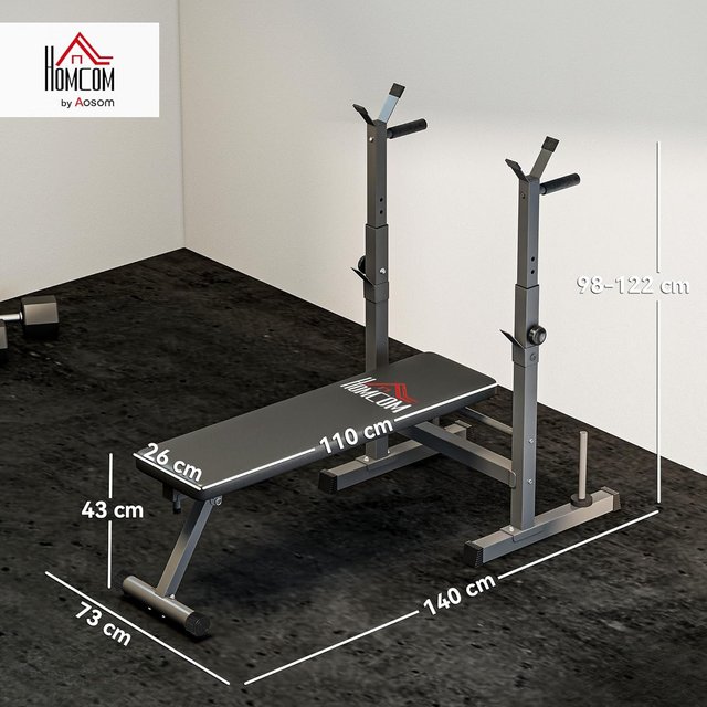 Banco de Gimnasio Plegable con Soporte para Barra Regulable en 8 Posiciones, Banco de Pesas de Acero y PU para Gimnasio en Casa, Capacidad 220 Kg, 140X73X98-122 Cm