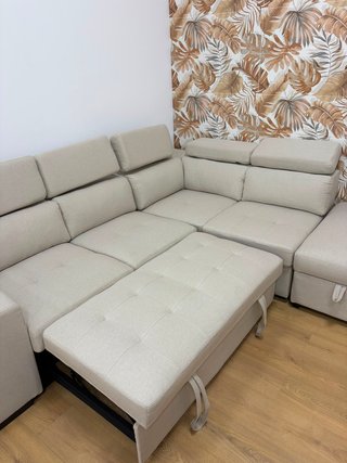 sofá rinconera cama + arcon + puffs beige 264cm