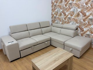sofá rinconera cama + arcon + puffs beige 264cm