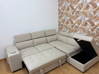 sofá rinconera cama + arcon + puffs beige 264cm