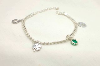Pulsera Plata Ley 925 Buena Suerte Trébol Verde