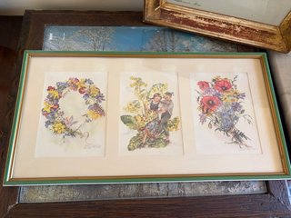 Cuadro antiguo alargado 3 láminas flores