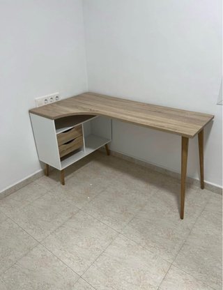 Escritorio de esquina L madera y blanco