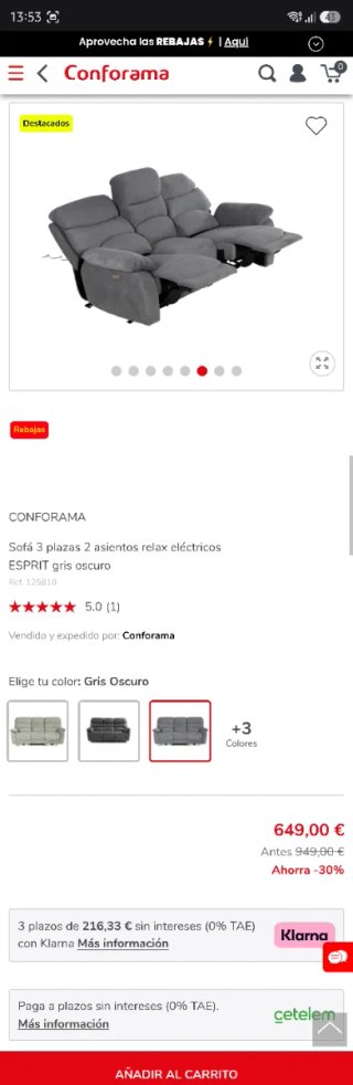 Sofá Eléctrico ESPRIT Gris COMO NUEVO + TV Samsung