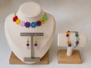 Conjunto bisutería flores crochet multicolor