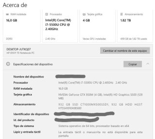 Portatil HP ENVY, i7, 16GB, SSD 1TB, HDD 1TB, GTX