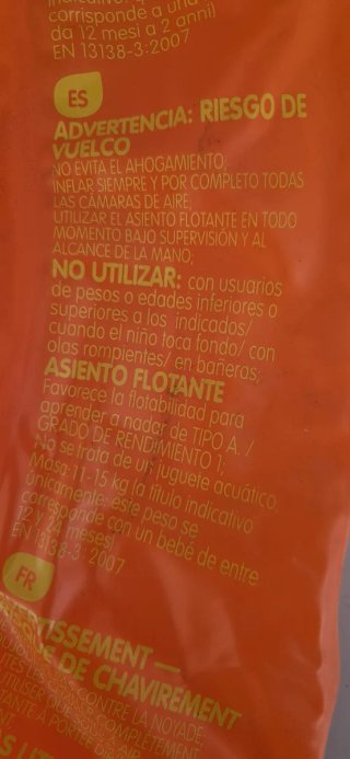 Flotador bebé naranja Nabaiji de 11 kg a 15 kg.