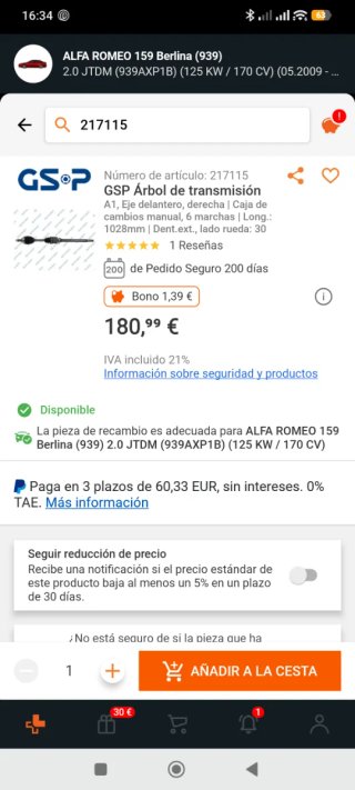 Palier derecho Alfa 159 2.0 JTDm