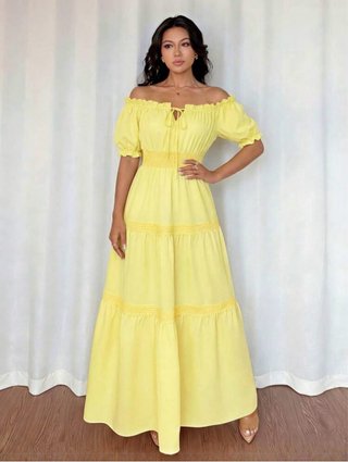 Vestido amarillo largo escote Bardot