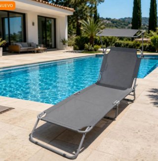 Tumbona plegable con parasol gris