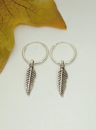 Aros 12mmPlata Ley con Colgante Pluma 15×4mm