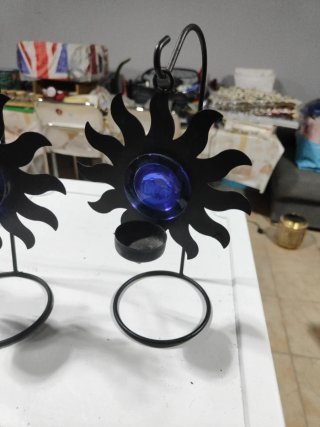Coppia Portacandele Sole Nero Vetro Blu