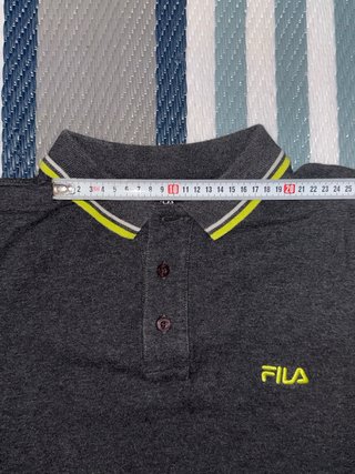 FILA Men's Grey Polo Shirt with Neon Yellow Size M