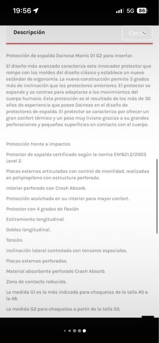 Protector de espalda moto Dainese manis G2. Lvl 2