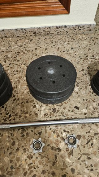 Juego pesas barra recta, mancuernas y discos