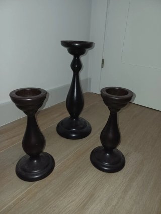 Juego 3 Candelabros Madera Oscura