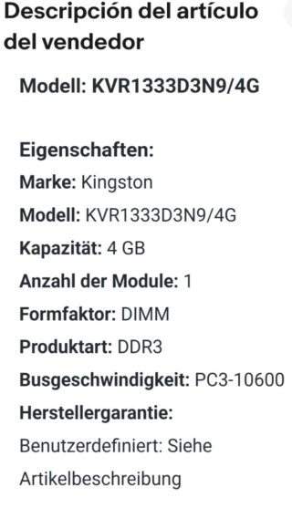 Memoria RAM Kingston 4 GB DDR3 PC3-10600 KVR1333D3