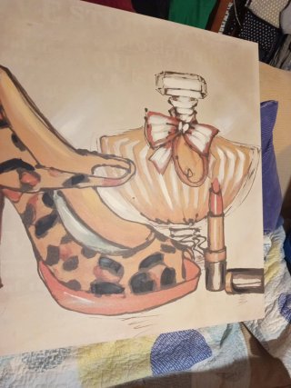 Cuadro  tacón, perfume y pintalabios plástico