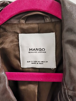 Cazadora Biker Piel Marrón Mango Talla S