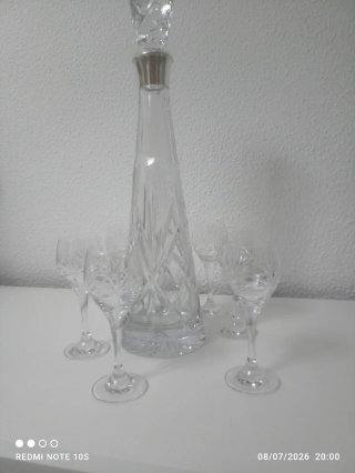 Botella Licor Cristal Cuello Plata 6 copas