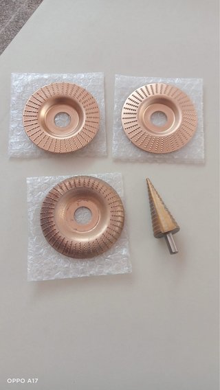 3 discos tallado madera y broca escalonada