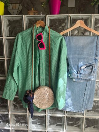 Camisa Zara Verde Rayas Talla XL