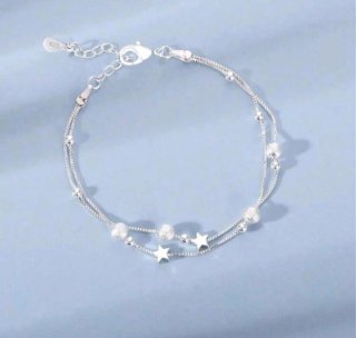 Pulsera Doble Plata Estrellas Bolitas