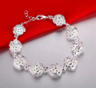 Pulsera Plata Diseño Flor Rosa