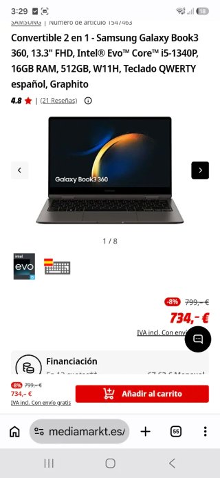 Portátil Samsung Galaxy Book3 360,Tactil, I5-1340P