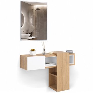 Cassettiera con Specchio Rettangolare Quercia e Bianco