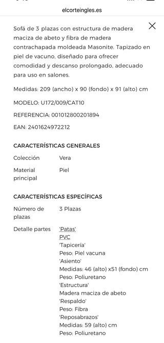 Sofá 3 plazas piel El Corte Inglés Chocolate