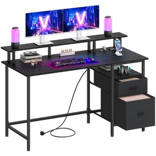 Scrivania per Computer con Luci a LED e Prese di Corrente