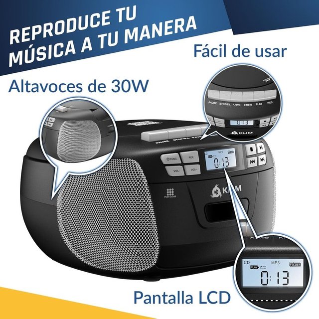 KLIM Radio CD Cassette 8GB USB BT Grabadora Plata