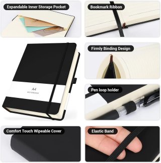 Cuaderno de NotasTamaño A4 21.5x28cm -100gsm Papel Rayadas Libreta - Bloc de Notas Cuero PU Diario