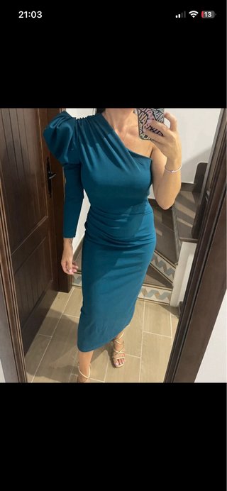 Vestido largo de fiesta verde azulado