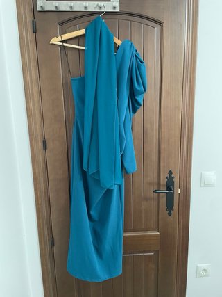 Vestido largo de fiesta verde azulado