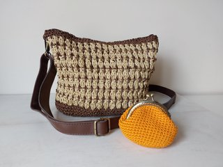 Bolso rafia crochet marrón y beige nuevo