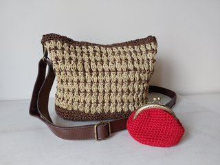 Bolso rafia crochet marrón y beige nuevo