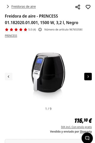 Freidora Aire Princess XL 3.2L 1500W Negra