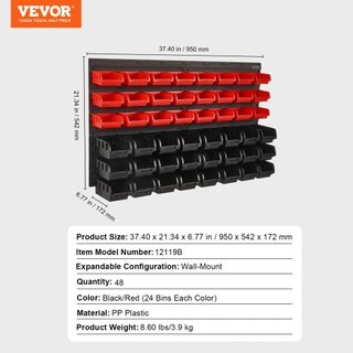 Scaffali da Parete per Stoccaggio, Organizzatore a 48 Scompartimenti per Garage, Strumento in Plastica con Pannelli a Parete, Organizzatore per Dadi, Viti, Cavi...