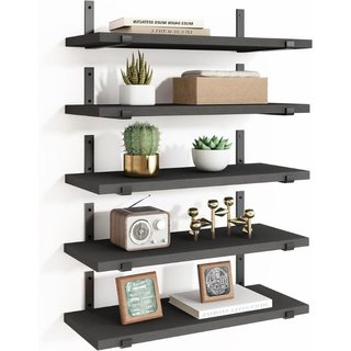 Set 5 Mensole da Parete Nero Scaffali da Muro con Staffe in